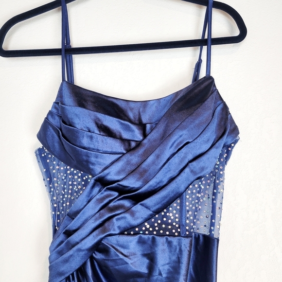 NWT TLC Say Yes Juniors Pleated Illusion Trim Rhinestone Corset Gown in Navy - Picture 7 of 13